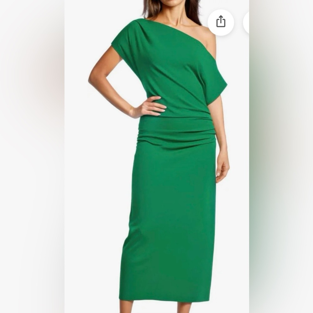 Gibson Latimer Crepe knit ruched sheath midi dress.